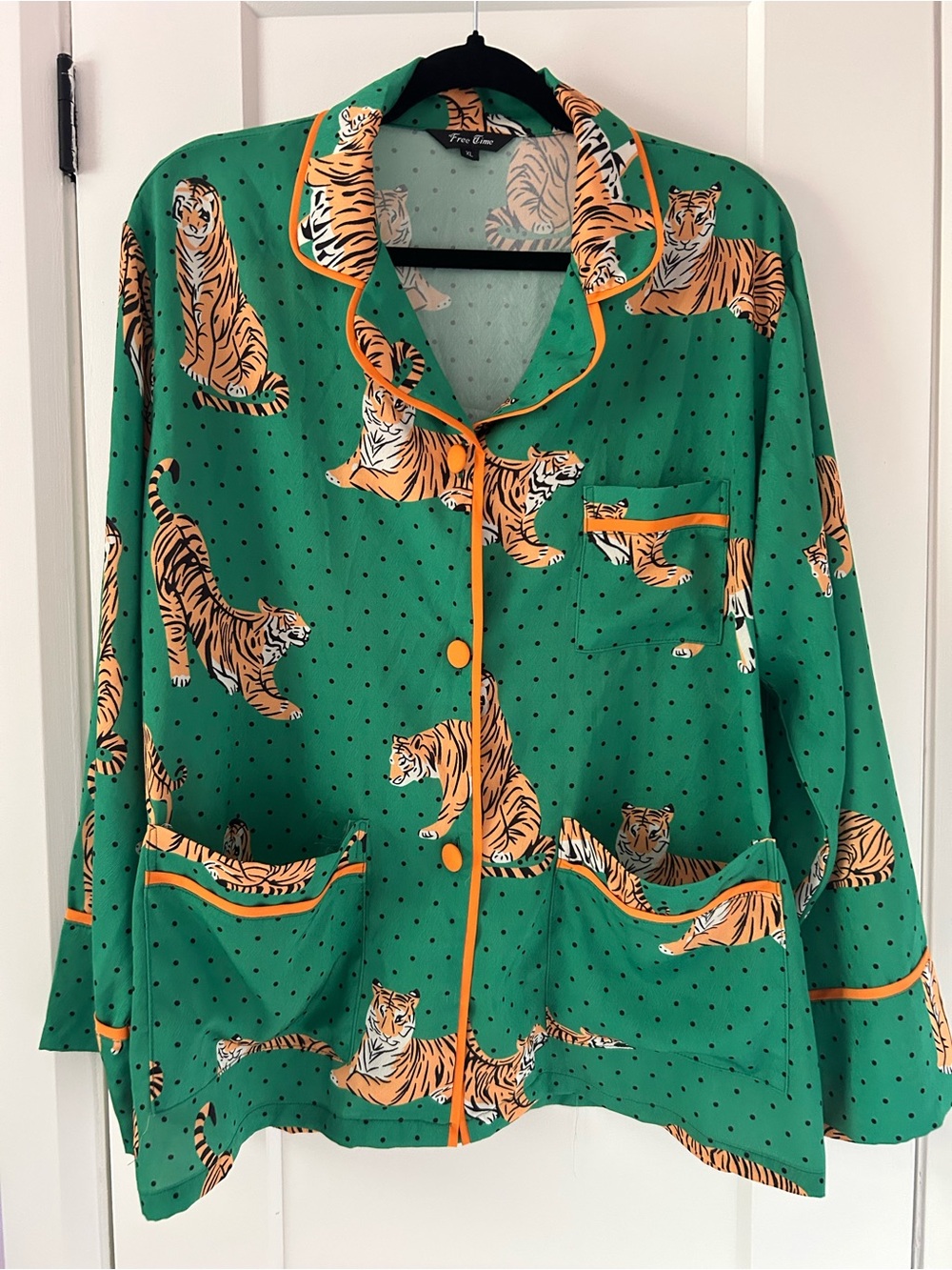 Green Tiger Print Button-Up Pajama Top
